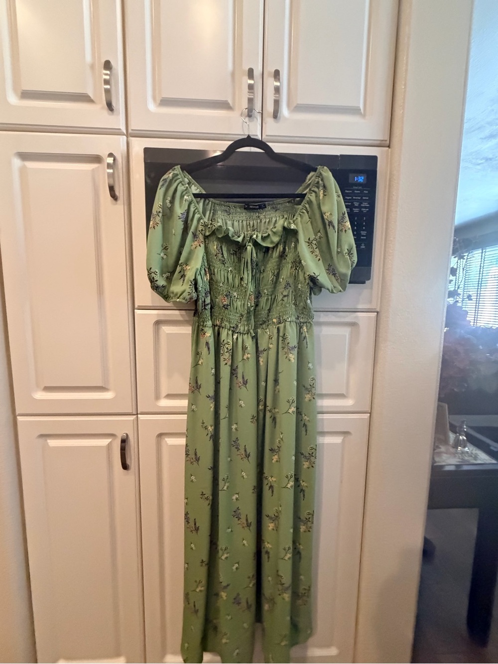 Smocked Puff-Sleeve Green Floral Maxi Dress